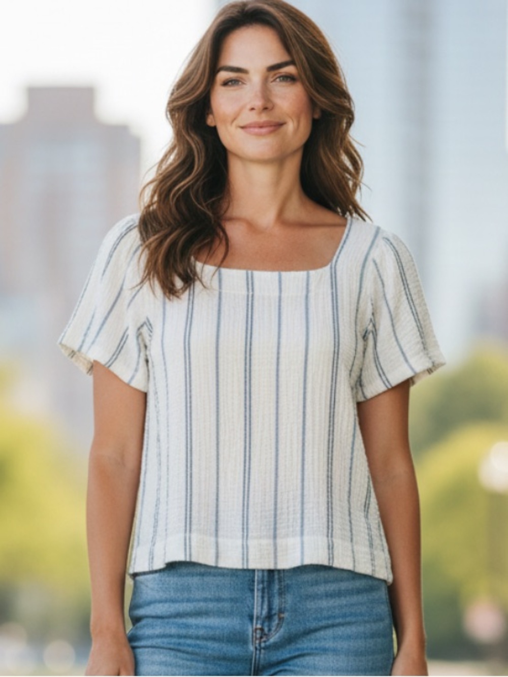 Madewell Relaxed Boxy Cottage Coastal White  Striped Short-Sleeve Top XS